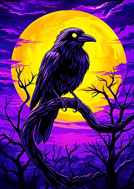 Glowing Raven Under Full Moon