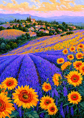 Sunflowers and Lavender Fields Landscape