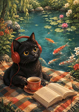 Black Cat Listening to Music by Pond