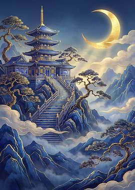 Golden Crescent Moon Over Blue Pagoda
