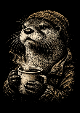 Cozy Otter Coffee Vintage Sepia Wall Art