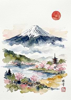 Watercolor Mount Fuji and Pagoda Landscape