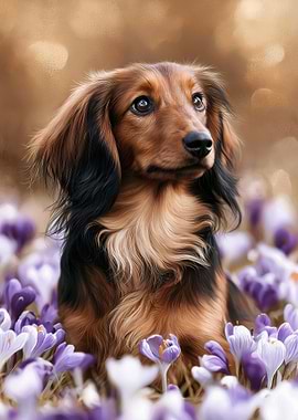 Long-Haired Dachshund in Crocus Field