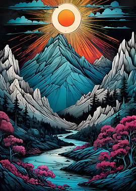 Vibrant Mountain Landscape with Radiant Sun