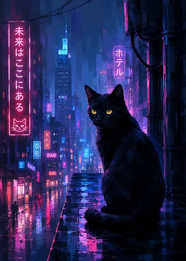 Black Cat in Cyberpunk City