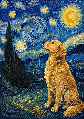 Golden Retriever in Starry Night
