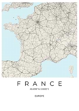 Minimalist France Road Map Street Poster