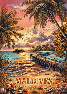 Maldives Tropical Sunset Travel Poster