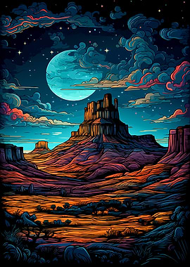 Vibrant Desert Landscape Under Moonlit Sky