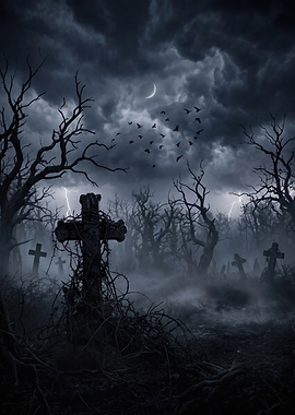 Eerie Graveyard Under Stormy Night Sky