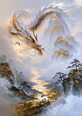 Majestic Golden Dragon in Misty Mountains