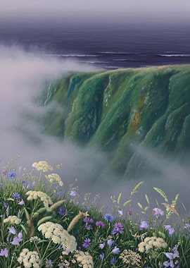 Misty Sea Cliff Edge Wildflowers