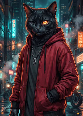 Cyberpunk Black Cat in Red Hoodie