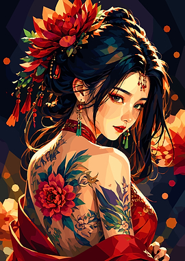Tattooed Woman with Floral Hairpiece