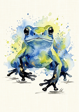 Watercolor Blue and Yellow Frog Art