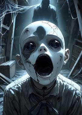 Creepy Cracked Doll in Dark Attic