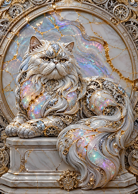 Cybernetic Persian Cat White Rainbow Opal Geode