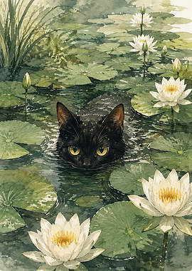 Black Cat in Water Lily Pond
