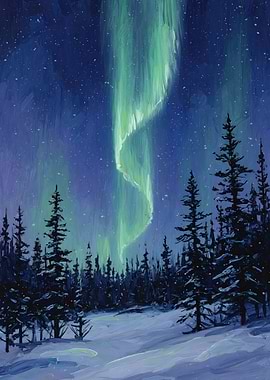 Vertical Aurora Veil Over Snowy Spruce