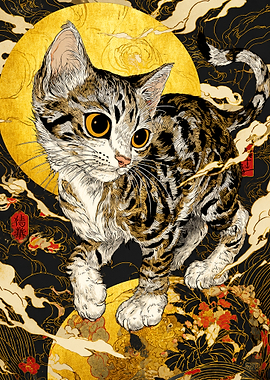 Tabby Cat in Traditional Japanese Style