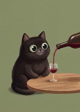 Cute Black Cat Pouring Red Wine