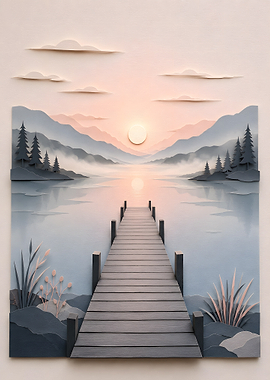 Minimalist Zen Lake Wooden Pier Papercraft