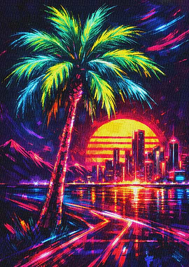 Neon Synthwave Palm Tree Canvas Cityscape