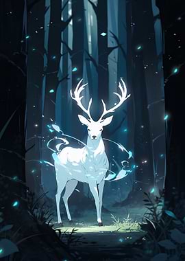 Glowing Spirit Deer in Dark Forest