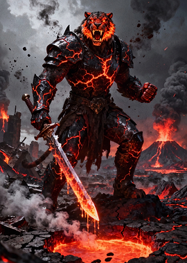 Lava Tiger Warrior with Flaming Sword