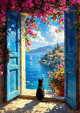 Black Cat Looking at Mediterranean Sea