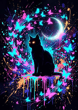 Neon Black Cat with Butterflies