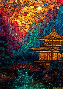 Japanese golden pagoda stained glass mountain landscape