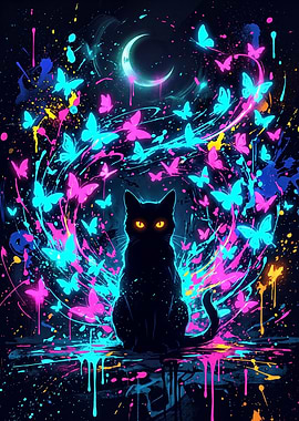 Neon Black Cat with Glowing Butterflies