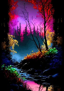 Vibrant Neon Forest Stream Landscape
