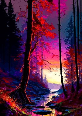Vibrant Neon Forest Sunset Landscape