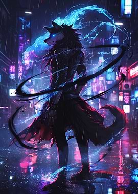Cyberpunk Wolf Warrior in Neon Rain