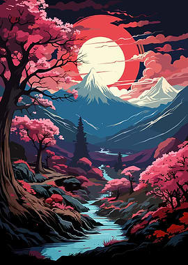 Serene Japanese Landscape with Cherry Blossoms