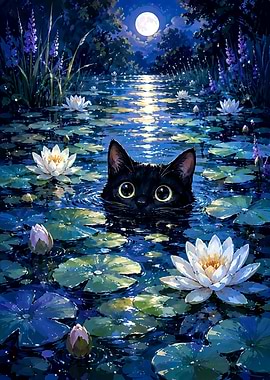 Black Cat in Moonlit Pond