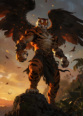 Winged Tiger Warrior Standing on Rock