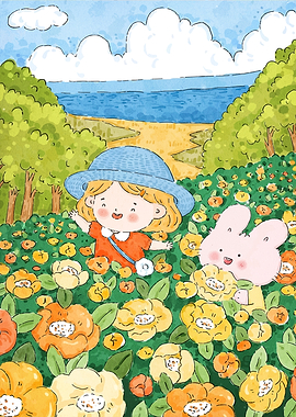 Girl and Bunny in Flower Field