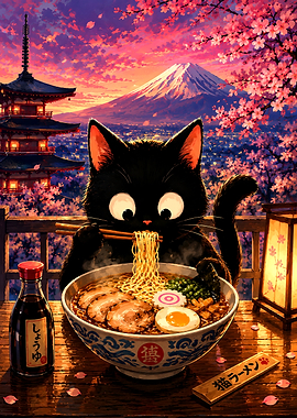 Black Cat Eating Ramen in Japan