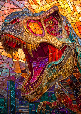 Colorful stained glass roaring t-rex dinosaur