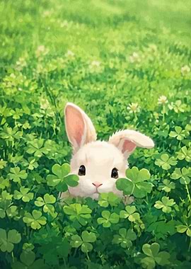 Cute White Bunny in Clover Field