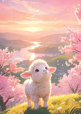 Cute Lamb in Cherry Blossom Landscape