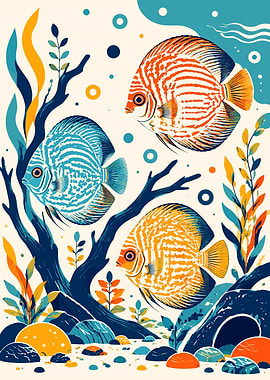 Colorful Discus Fish Underwater Illustration