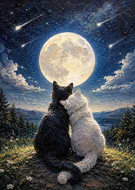 Two Cats Watching the Moon