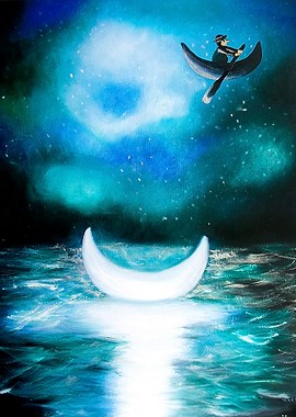 Sailing to the Moon: Boat and Crescent Moon at Night