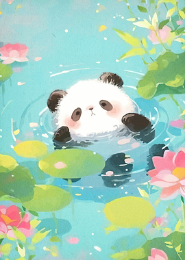 Cute Panda Swimming in Lotus Pond