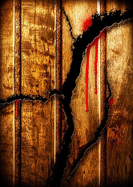 Cracked Wooden Surface with Blood Drips