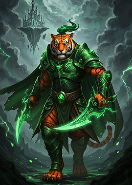 Armored Tiger Warrior with Glowing Blades